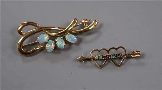 A modern 750 yellow metal and white opal set scroll brooch and a 9ct gold and gem set Dearest brooch.